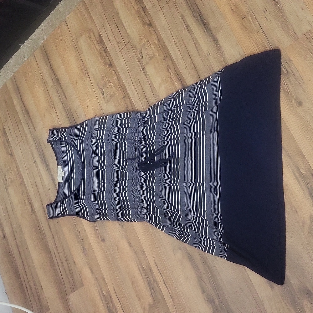 OLIVE & OAK Blue White Striped Sleeve Drawstring Waist Dress